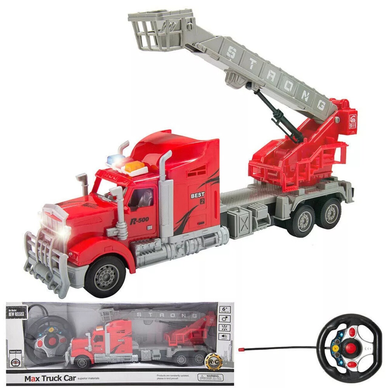 Kitcheniva Kids Toy 1: 15 Remote Control RC Fire Truck With Extendable Ladder Lights Sounds